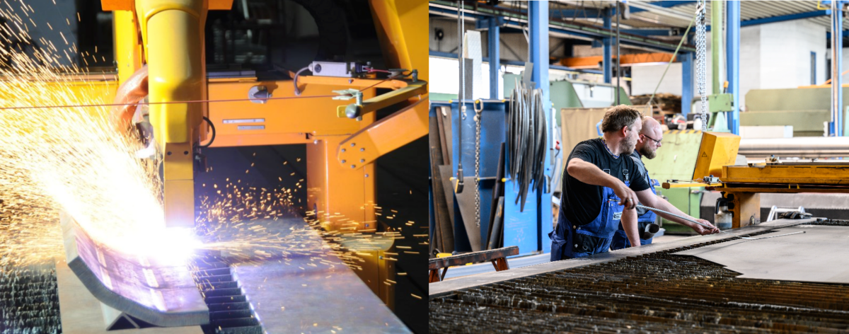 Funken sprühen an der Plasmaanlage und zwei Mitarbeiter beim Messen der Bauteile